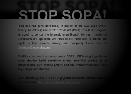 Pollitika.com i Gadgeterija ugasile se zbog SOPA zakona