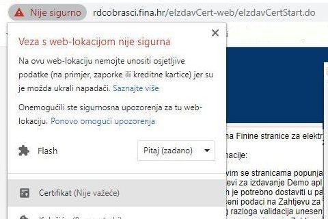 Finina stranica za izdavanje certifikata ima nevažeći certifikat